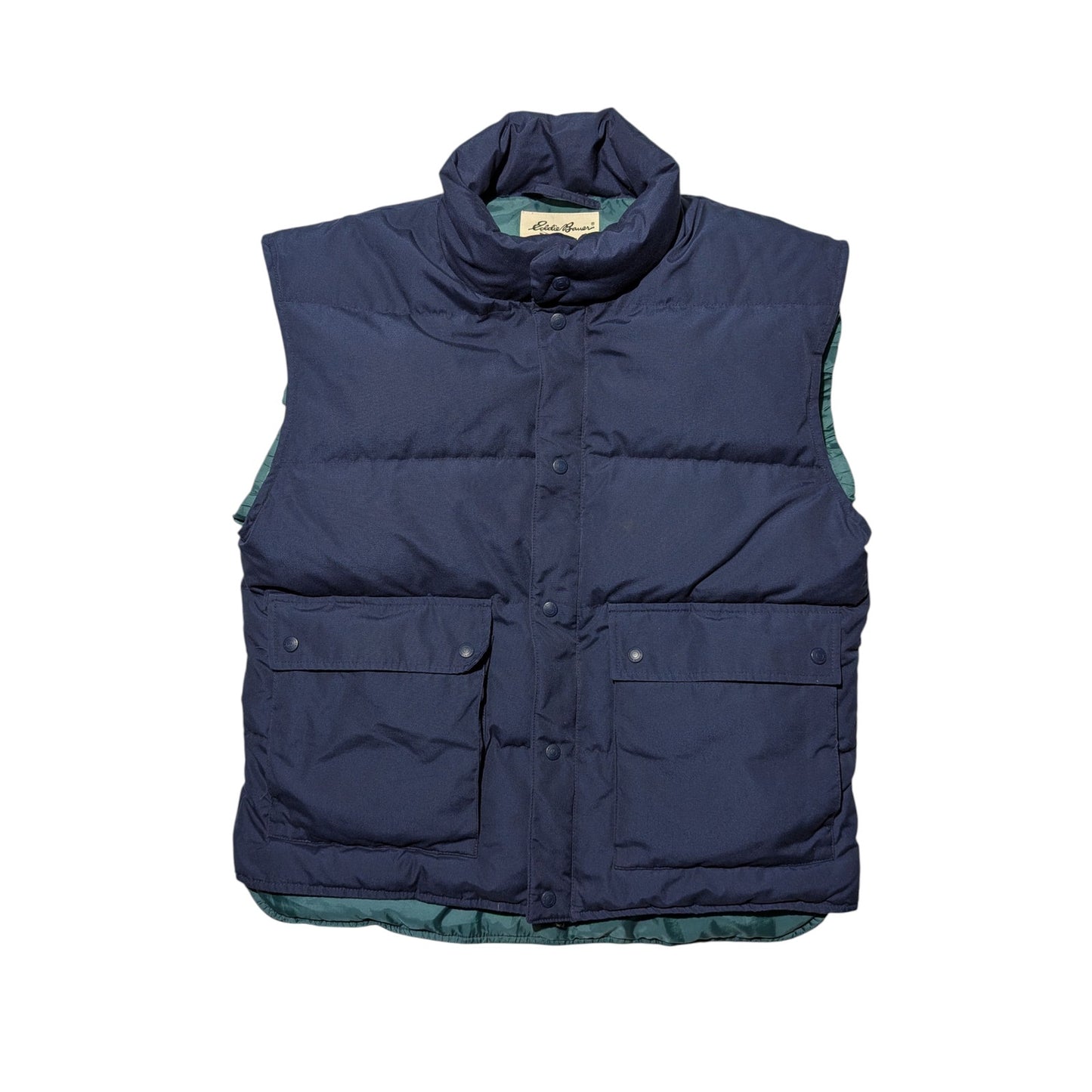 Vintage Eddie Bauer Lined Goose Down Puffer Vest Navy Blue Size Large