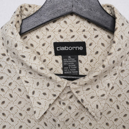 Vintage Claiborne Shirt Mens XL Beige Geometric Pattern Short Sleeve