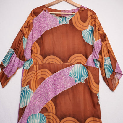 Vintage Handmade Kimono-Inspired Dress Brown Abstract Waves Shell Print Boho M/L
