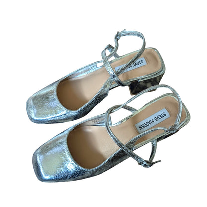 Steve Madden Silver Metallic Double Strap Block Heel Slingback Pumps (US 8.5)