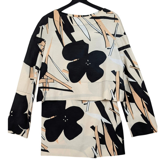 Marni 2pc Set Top & Skirt Beige Black Abstract Floral Print Made in Italy