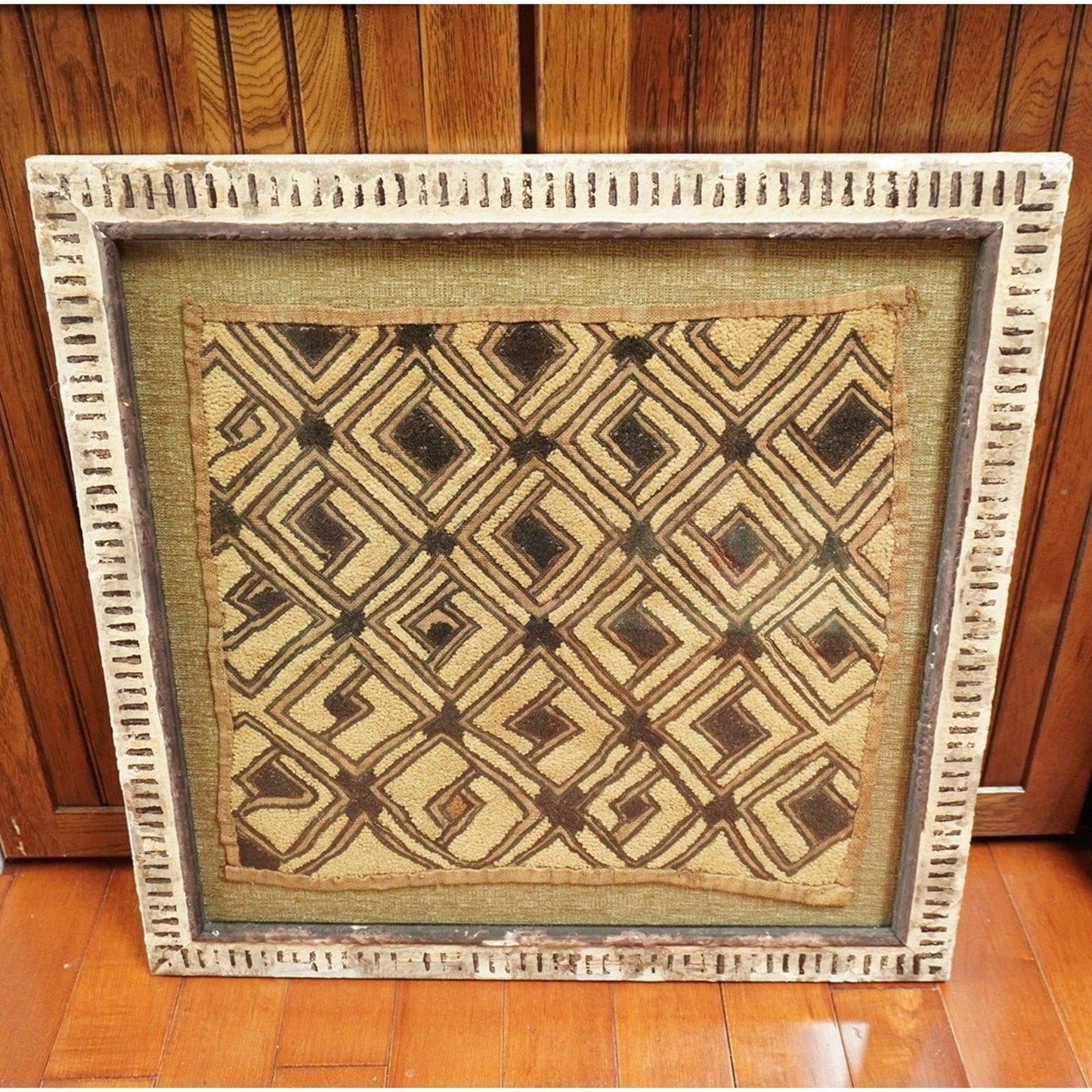 Framed Kuba Cloth Textile – African Tribal Raffia Art – Geometric Wall Decor