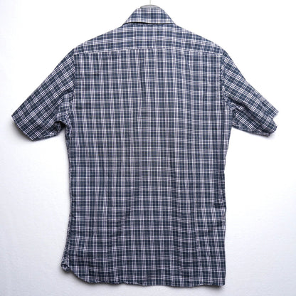 Hiromichi Nakano Short Sleeve Cutaway Collar Shirt Blue/Green Plaid 100% Cotton