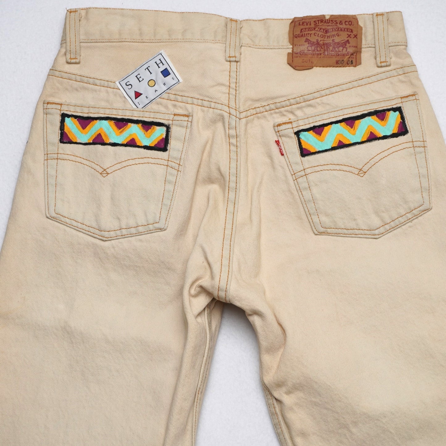 Vintage Levi’s 501 Jeans W31 L34 USA Made Painted Western Art Cactus Snake Sun