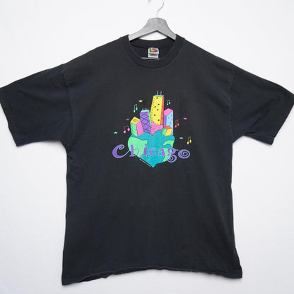 90s Chicago Neon Skyline Heart T-Shirt XL Made in USA Fruit of the Loom Lofteez