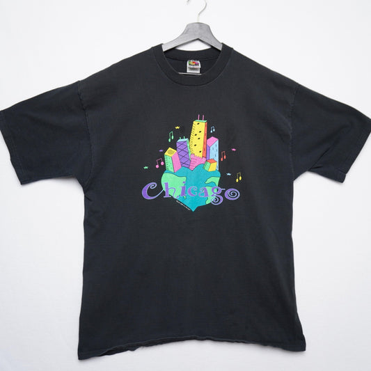 90s Chicago Neon Skyline Heart T-Shirt XL Made in USA Fruit of the Loom Lofteez