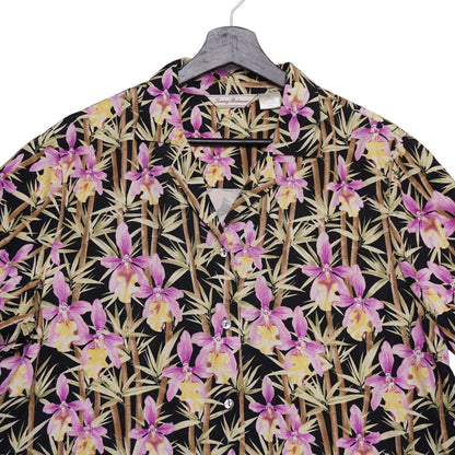 Tommy Bahama 100% Silk Hawaiian Shirt XL Black Orchid Bamboo Floral Aloha Camp