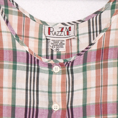 Vintage Razzle Plaid Cotton Sundress M Sleeveless Button Front Pockets