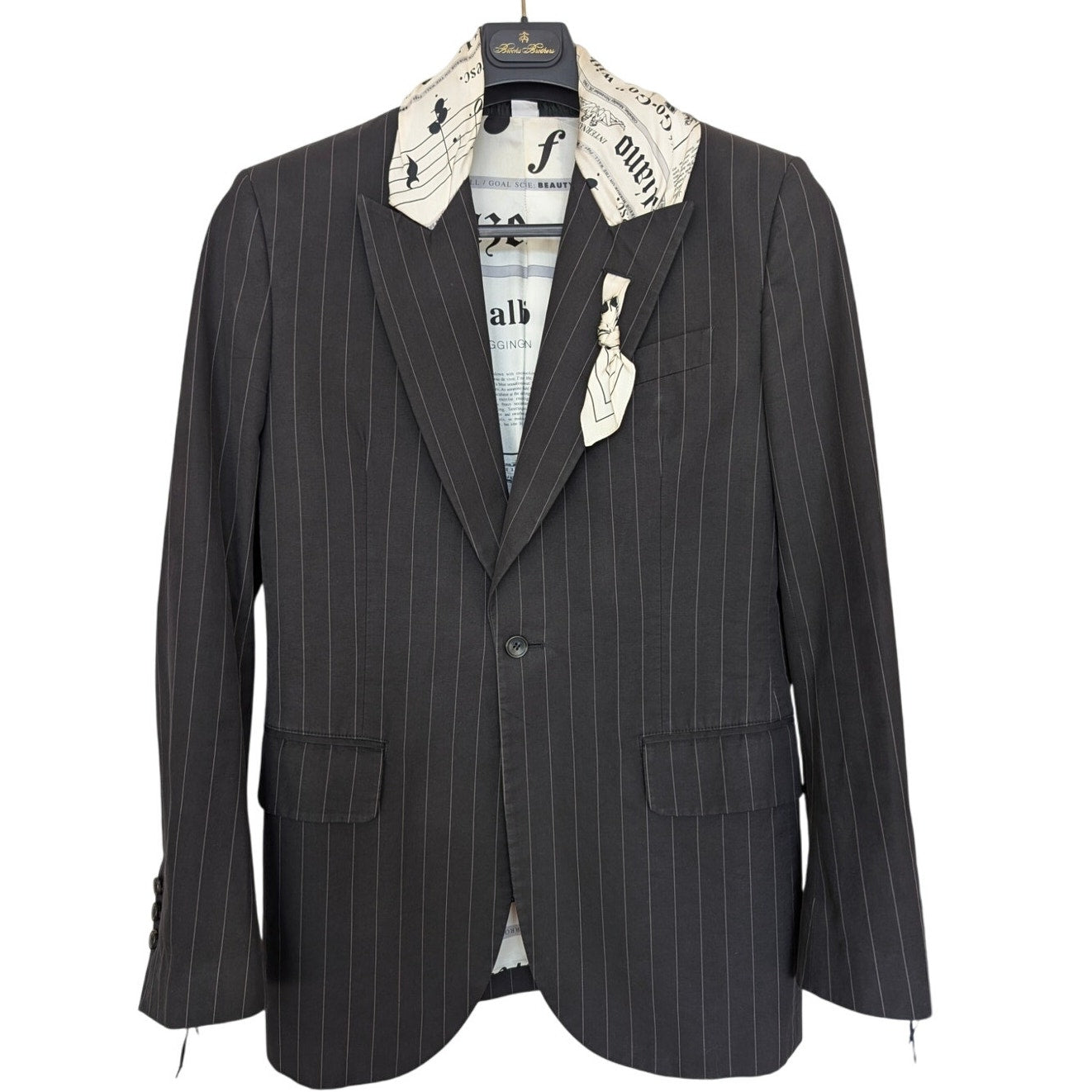 John Galliano SS2006 Pinstripe Newspaper Print Classic Scarf Cotton Blazer EU48