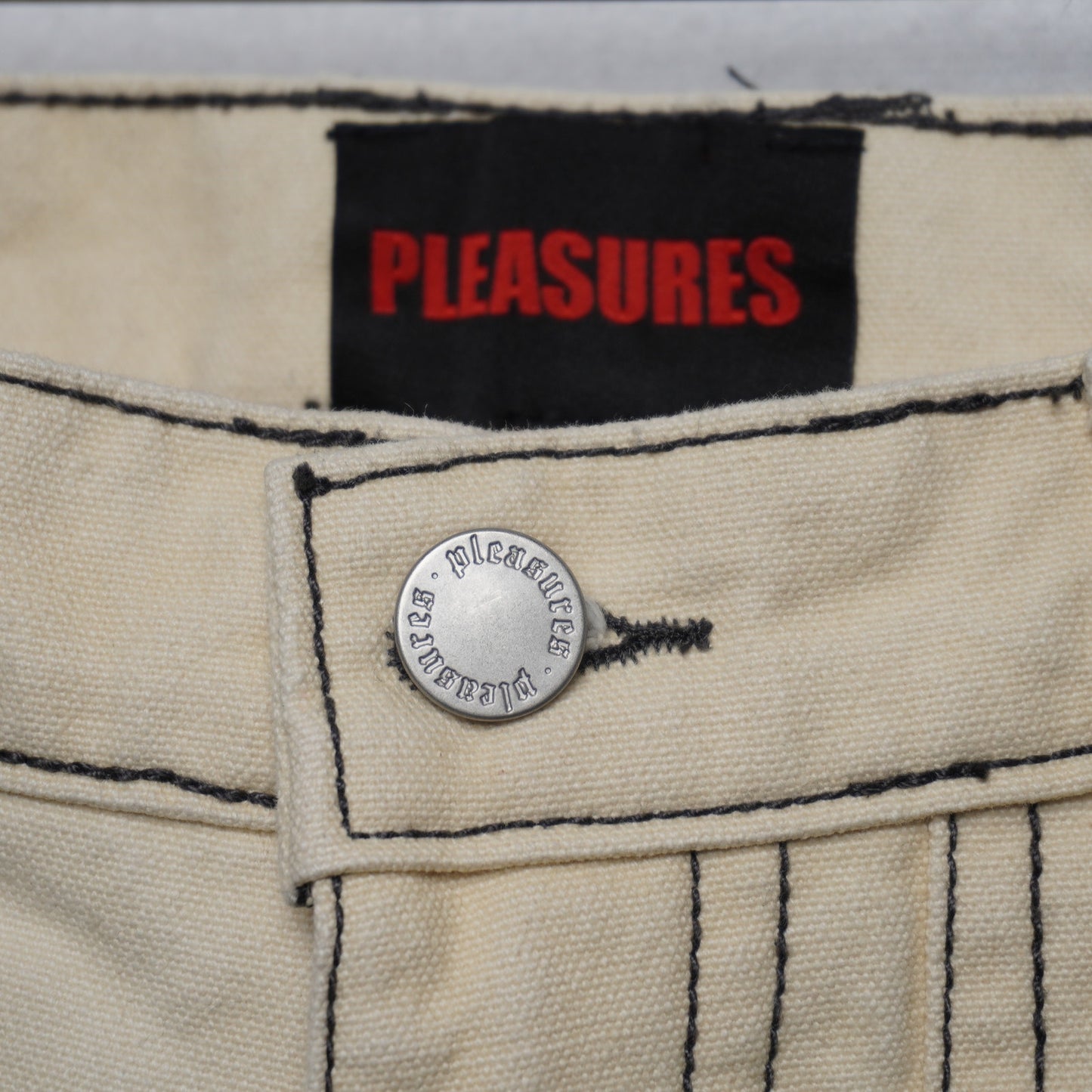 Pleasures Ecru Denim Double Front Jeans Size 34 Relaxed Fit Baggy 9.5" opening