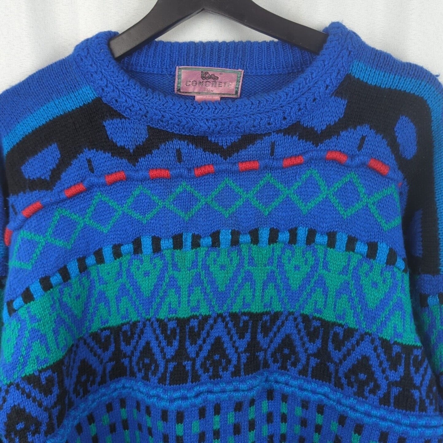 Concrete Mix Sweater Mens Size L Vintage Crew Neck Knit Pullover Blue Green Red