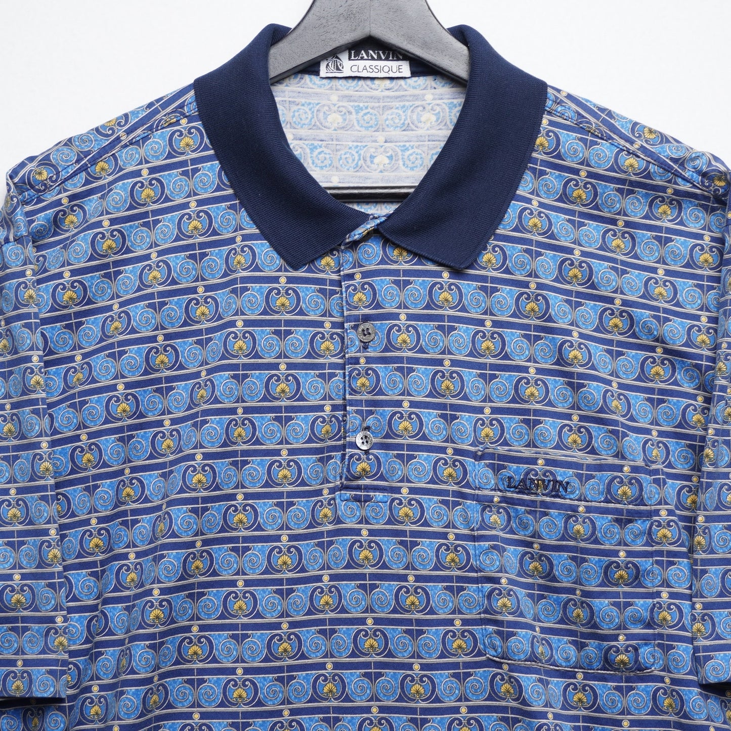Vintage Lanvin Classique Blue Graphic Pattern Print Polo Shirt Size XL