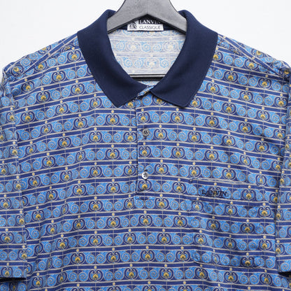 Vintage Lanvin Classique Blue Graphic Pattern Print Polo Shirt Size XL