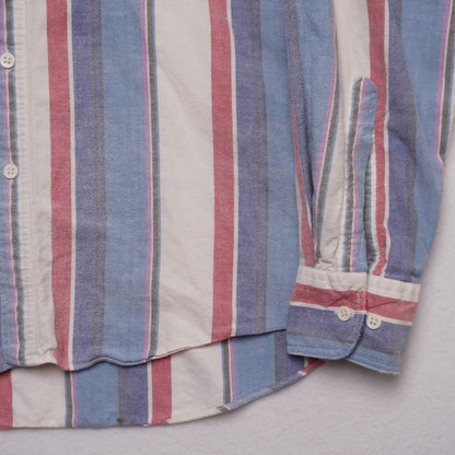 Vintage Campus Button Down Shirt L Red White Blue Vertical Stripe 100% Cotton
