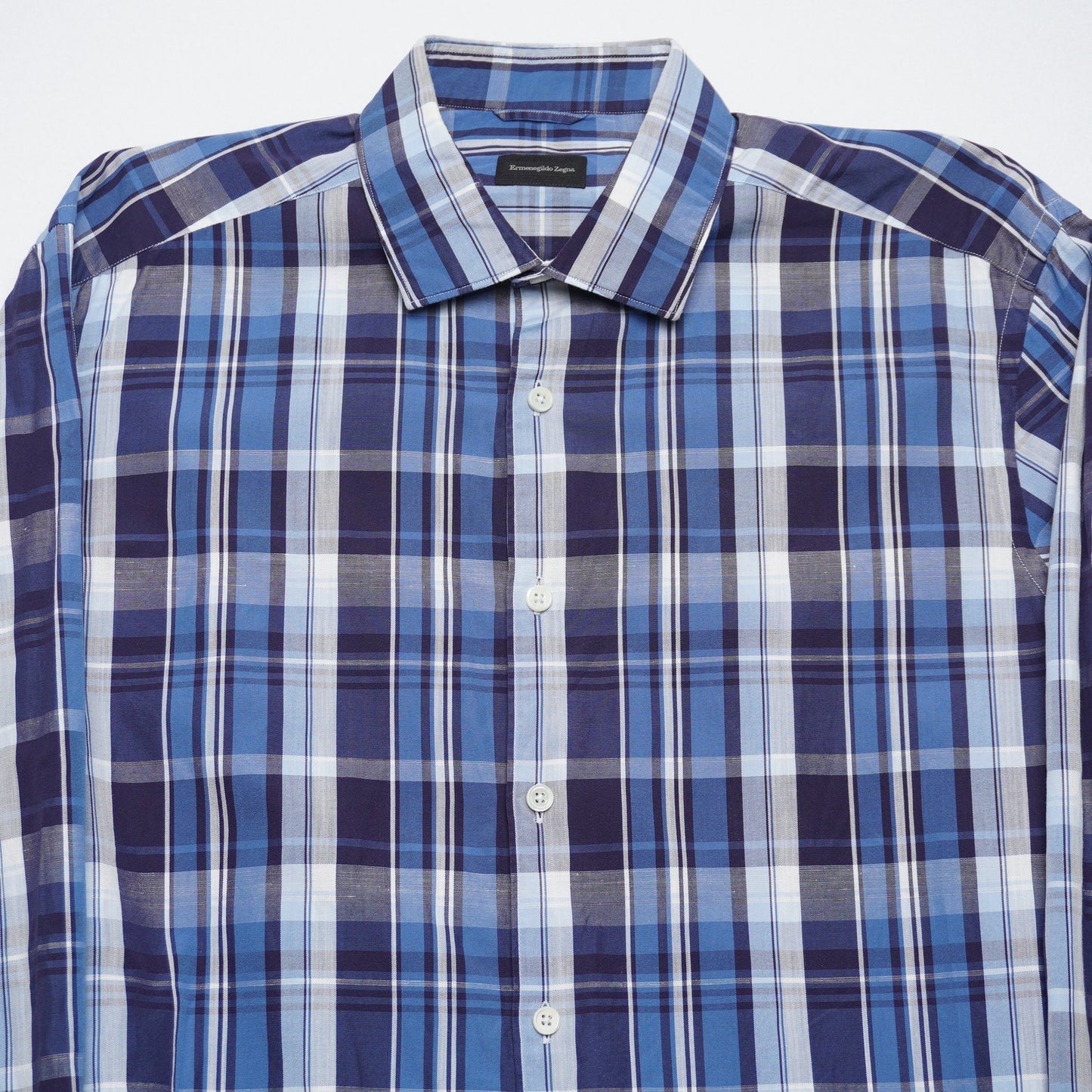 Ermenegildo Zegna Blue Plaid Cotton/Linen Blend Shirt L