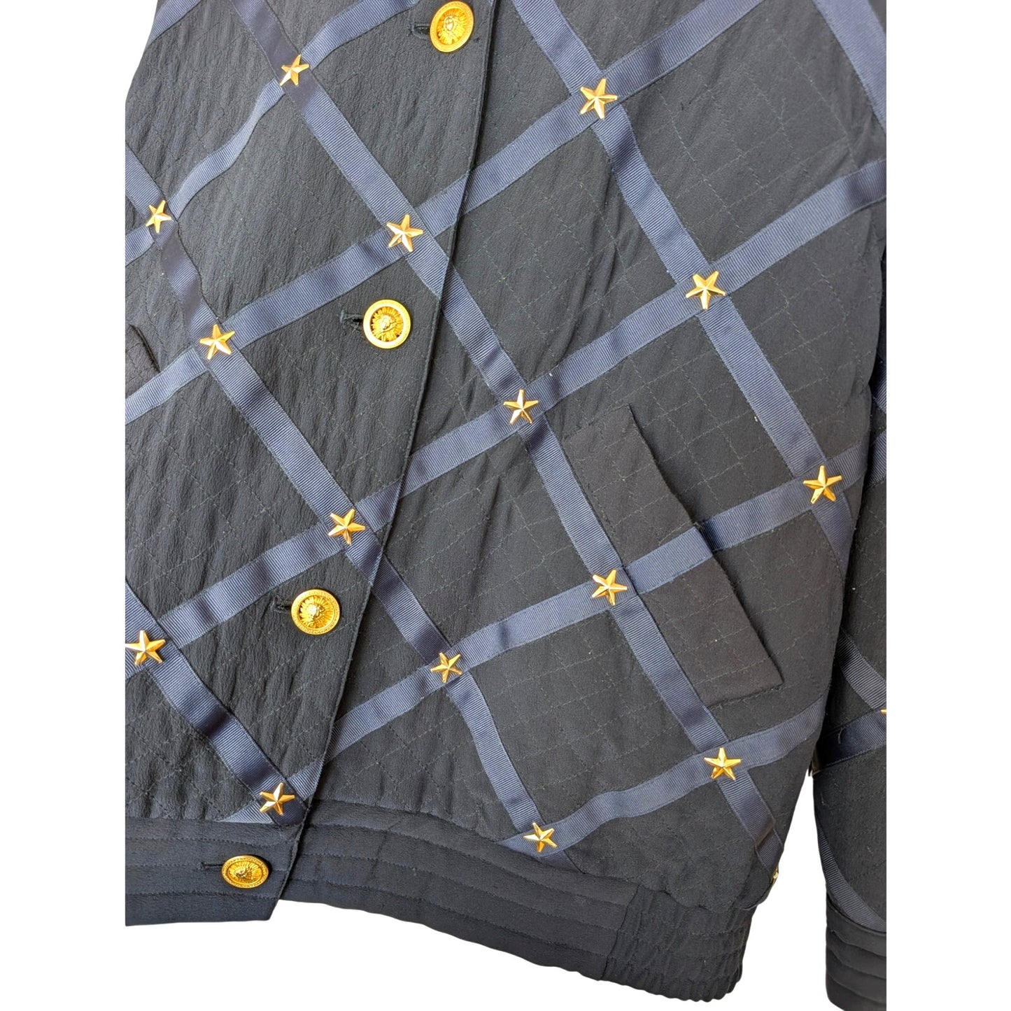 Vintage Peter Nygard Navy Silk Bomber with Ribbon and Gold Accents