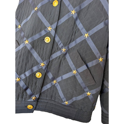 Vintage Peter Nygard Navy Silk Bomber with Ribbon and Gold Accents